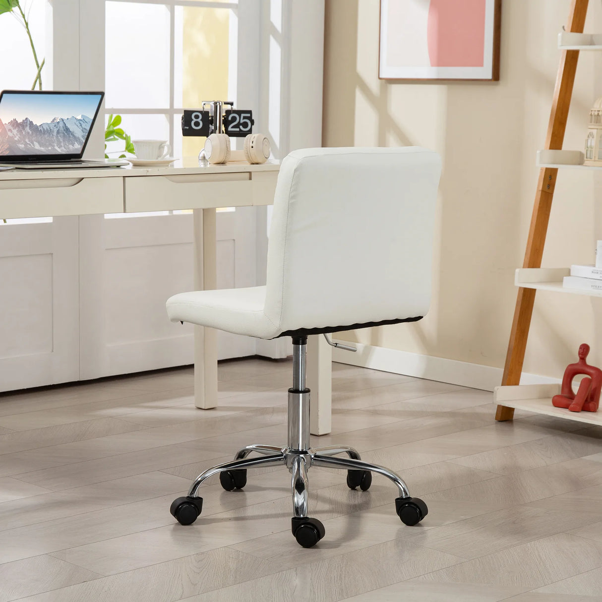 HOMCOM PU Leather Armless Office Chair, Modern Vanity Computer Swivel Chair with Rolling Wheels and Adjustable Height for Home Study, Bedroom, White