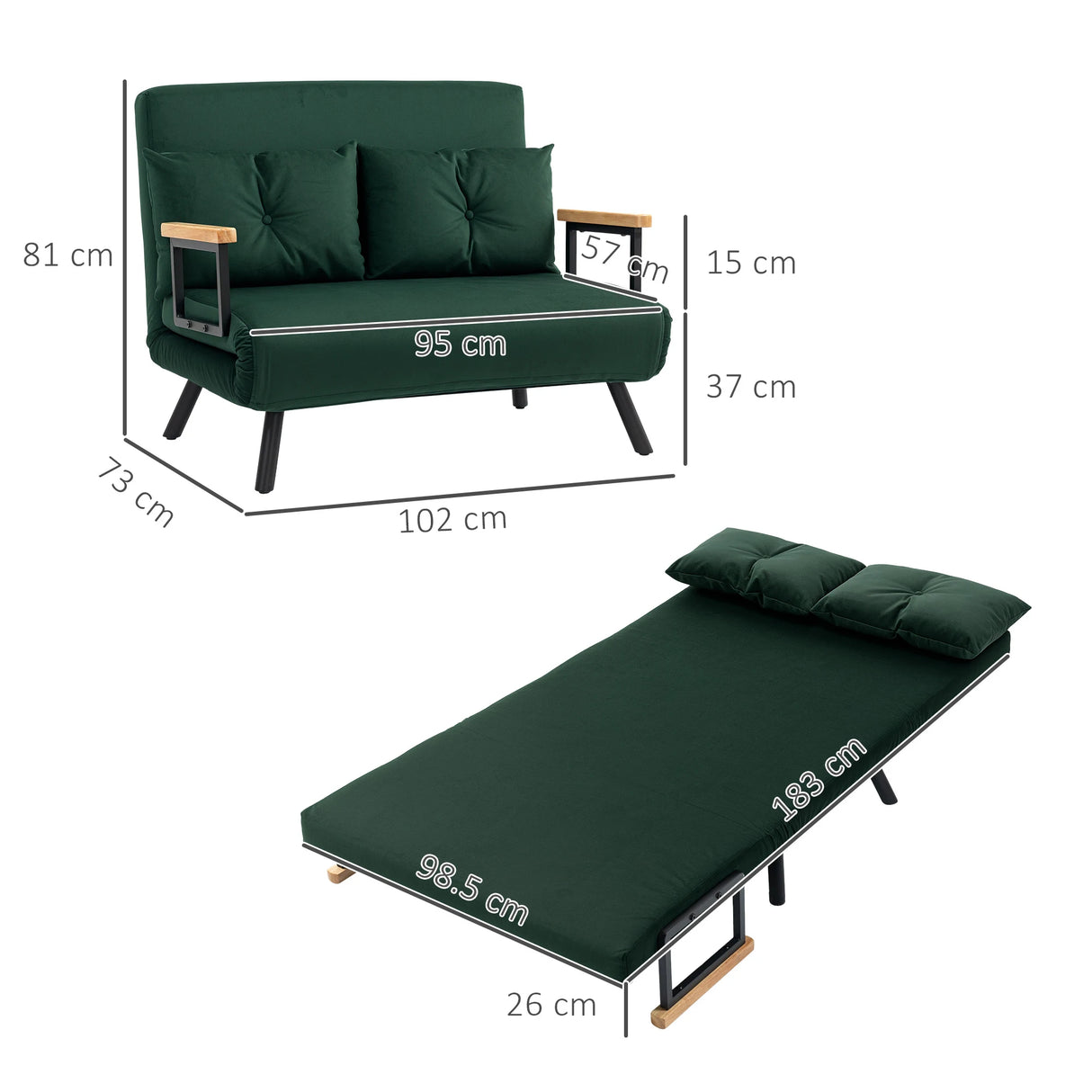 HOMCOM 4-in-1 Velvet-Feel Double Sofa Bed, with Pillows - Green