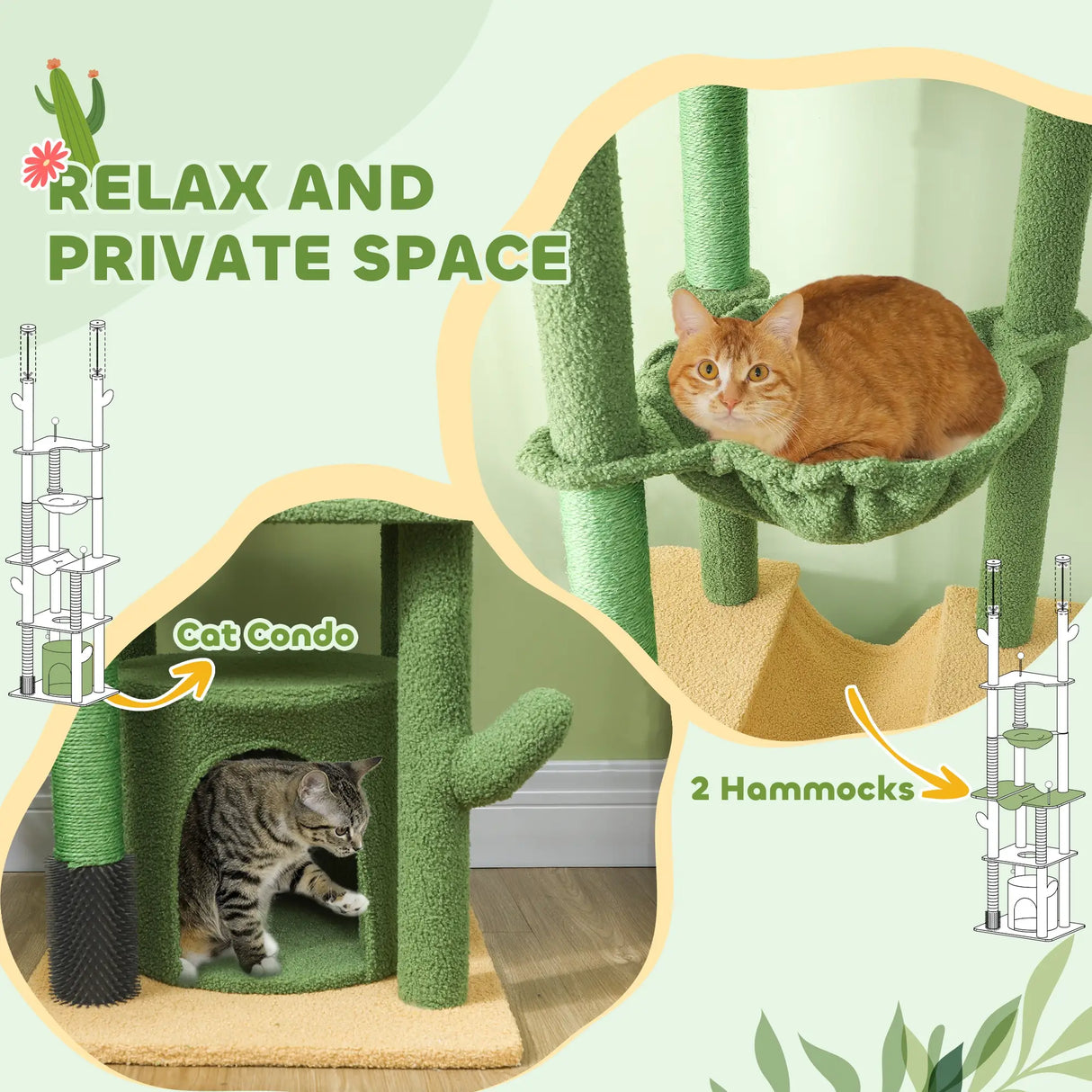 PawHut 225-255cm Adjustable Floor to Ceiling Cat Tree, Tall Cat Tower for Indoor Cats w/ Scratching Posts, Green