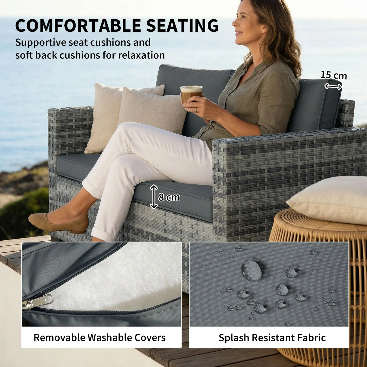 Outsunny 2 Seater Rattan Sofa, Outdoor Garden Sofa with Deep Seat, Cushions, Wide Armrests for Patio, Balcony, Porch, Mixed Grey