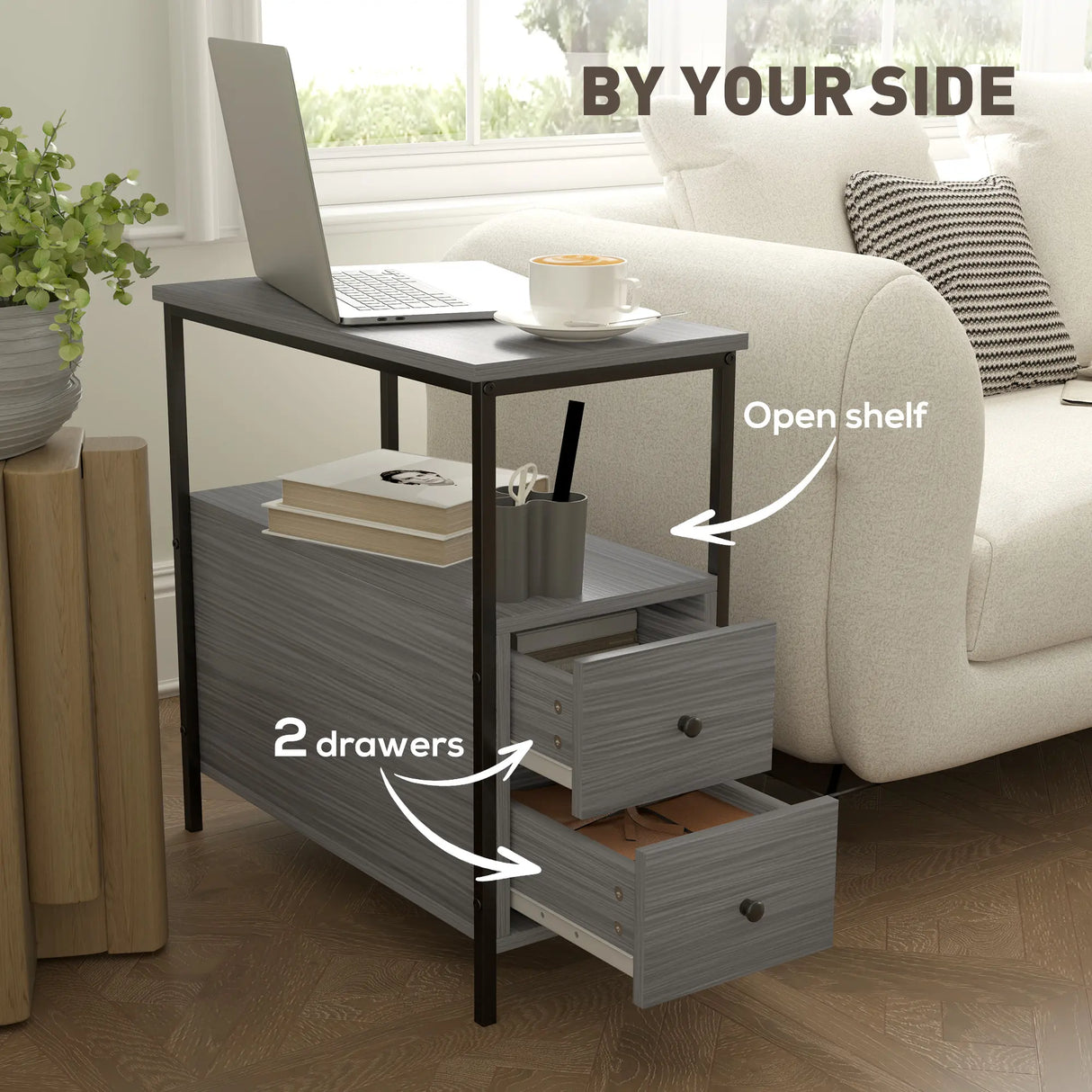 HOMCOM Side Table, Narrow Bedside Table with 2 Drawers and Storage Shelf, Industrial End Table with Metal Frame for Small Spaces, Grey Wood Grain