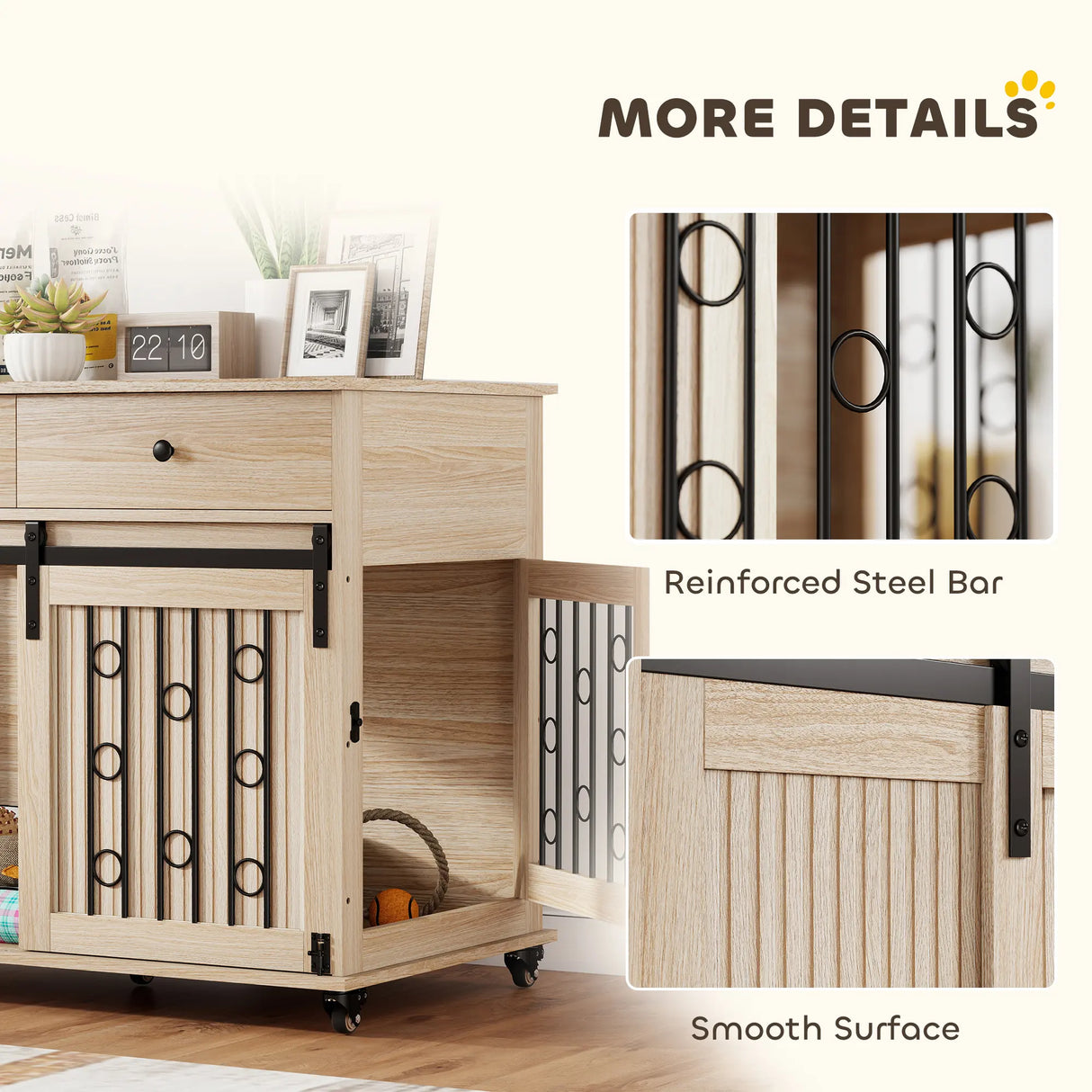 PawHut Dog Crate Furniture on Wheels, Dog Cage with 2 Drawers, Sliding Door, for Medium Large Dogs, Oak Tone