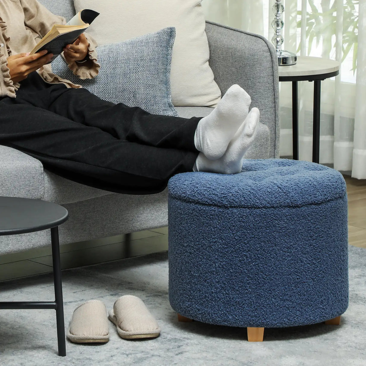 HOMCOM 40.5L Teddy Fleece Storage Ottoman - Blue