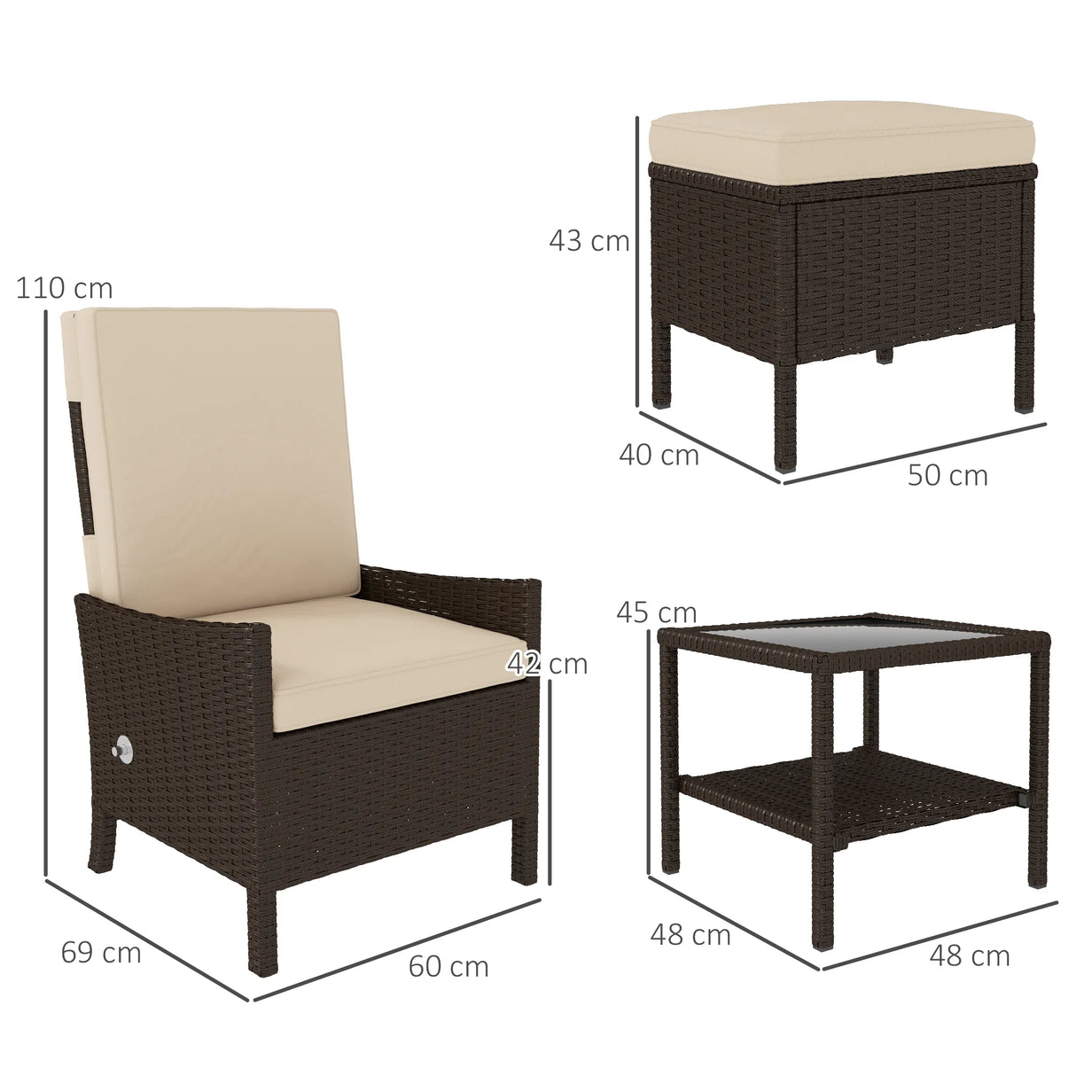 Outsunny 5 Piece Rattan Garden Furniture Set, Wicker Patio Sofa Set with 2 Armchairs, 2 Footstools, Glass Top Coffee Table with Shelf, Outdoor Furniture with Adjustable Backrests, Cushions, Khaki