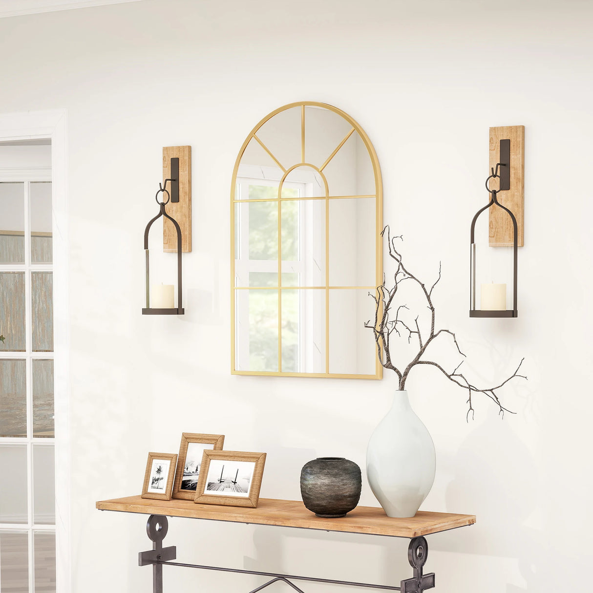 HOMCOM 90 X 61cm Arched Grid Mirror - Gold Tone