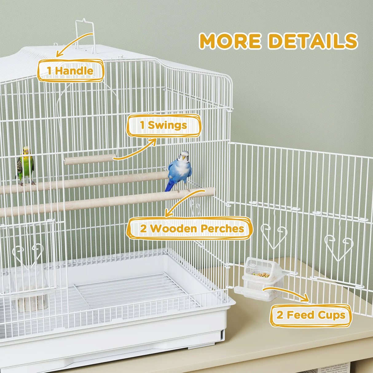 PawHut Large Metal Bird Cage with Perches, Food Bowls, Swing, for Budgies, Parakeets, White