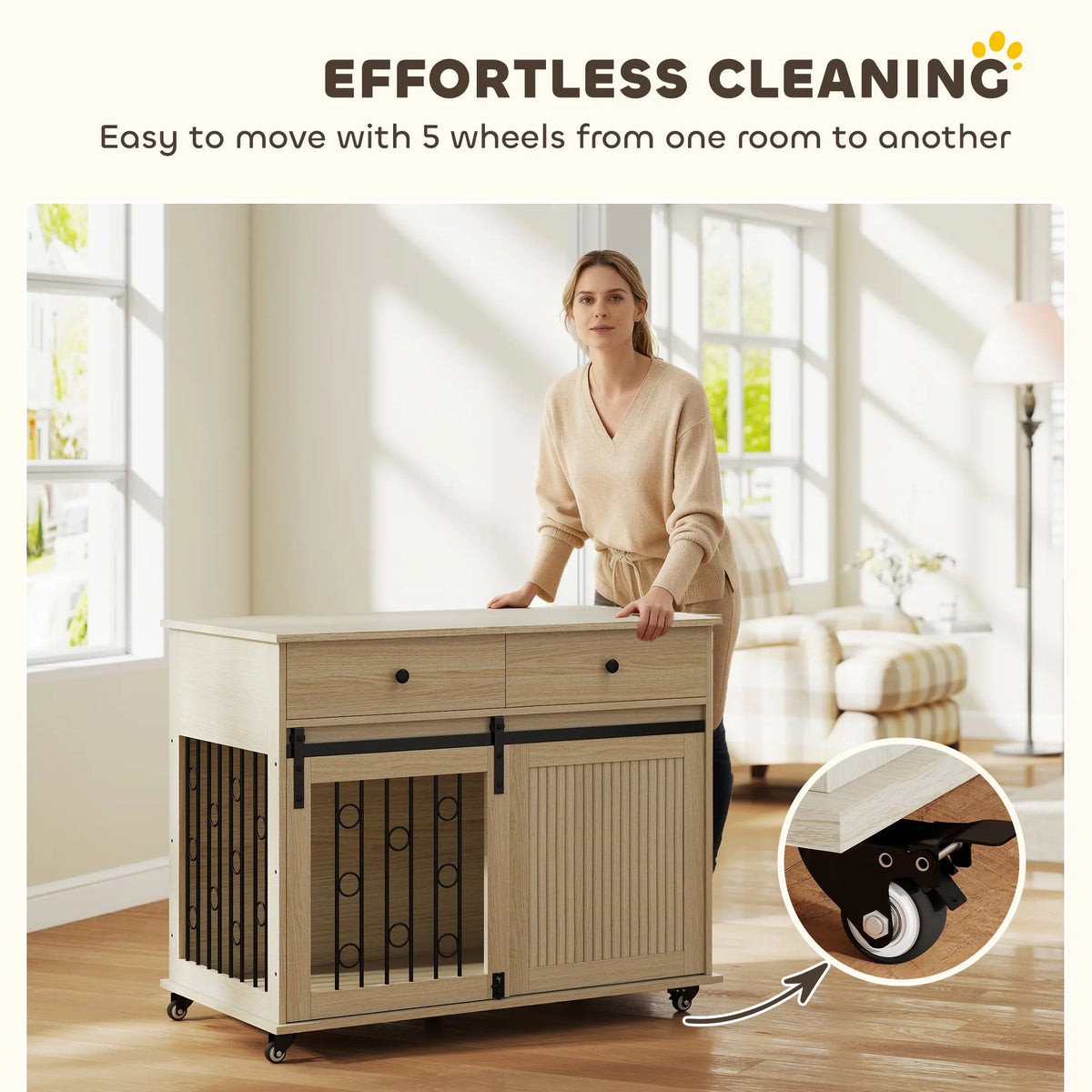 PawHut Dog Crate Furniture on Wheels, Dog Cage with 2 Drawers, Sliding Door, for Medium Large Dogs, Oak Tone