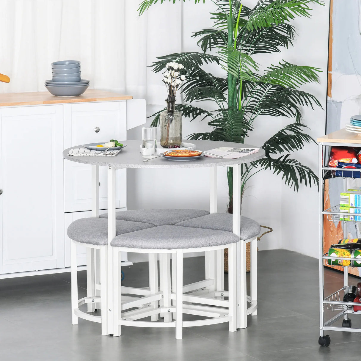 HOMCOM Modern Round Dining Table Set with 4 Upholstered Stools for Dining Room, Kitchen, Grey