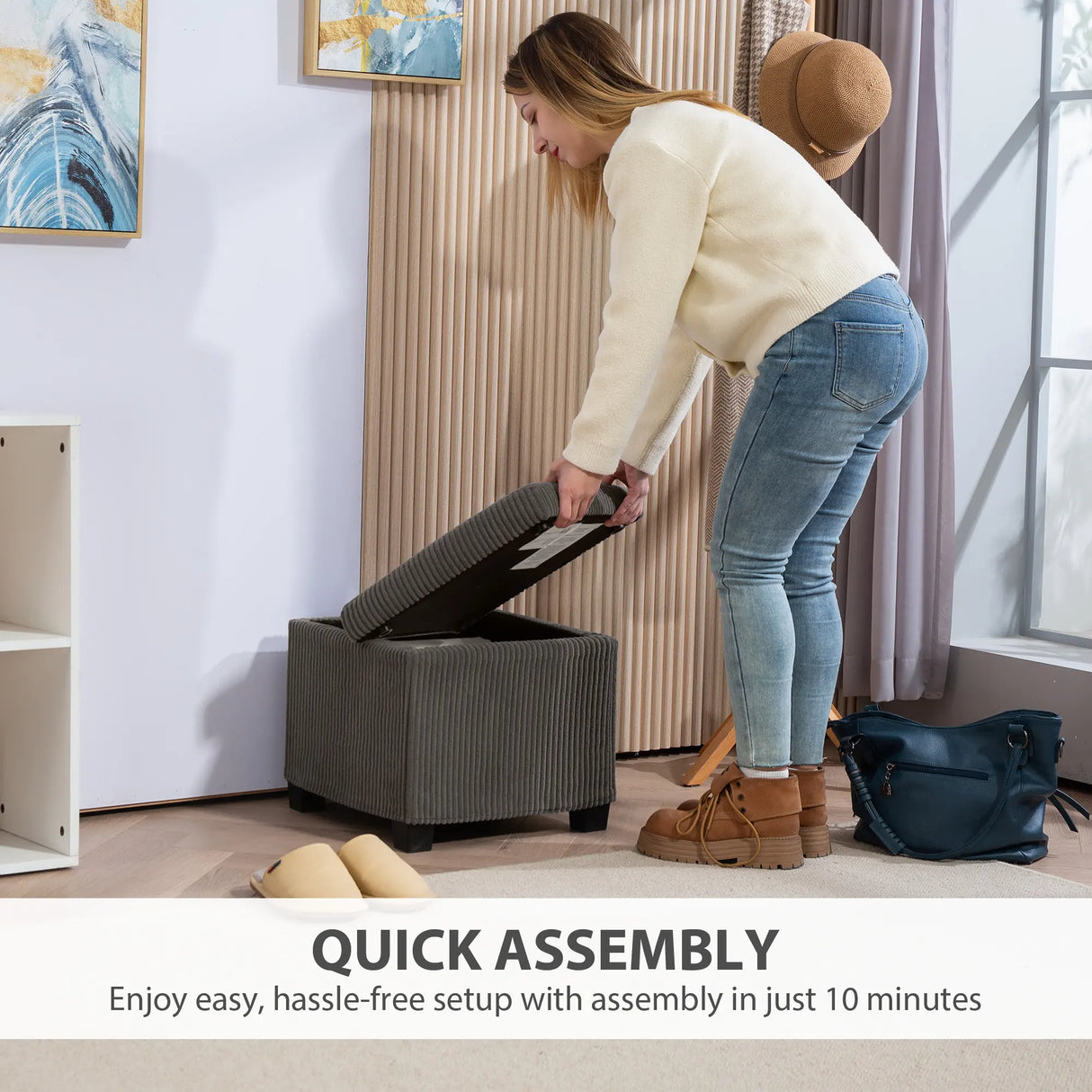 HOMCOM Storage Ottoman Bench, Corduroy Footstool with Removable Lid and Legs, 40cm Storage Chest Box for Living Room, Bedroom, Hallway, Grey