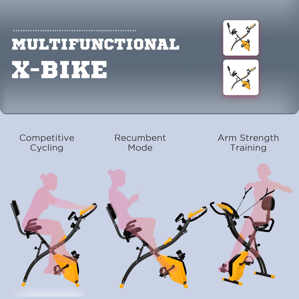 HOMCOM 2-in-1 Folding Exercise Bike with 8-Level Magnetic Resistance, Arm Resistance Band, Pulse Sensor, Yellow