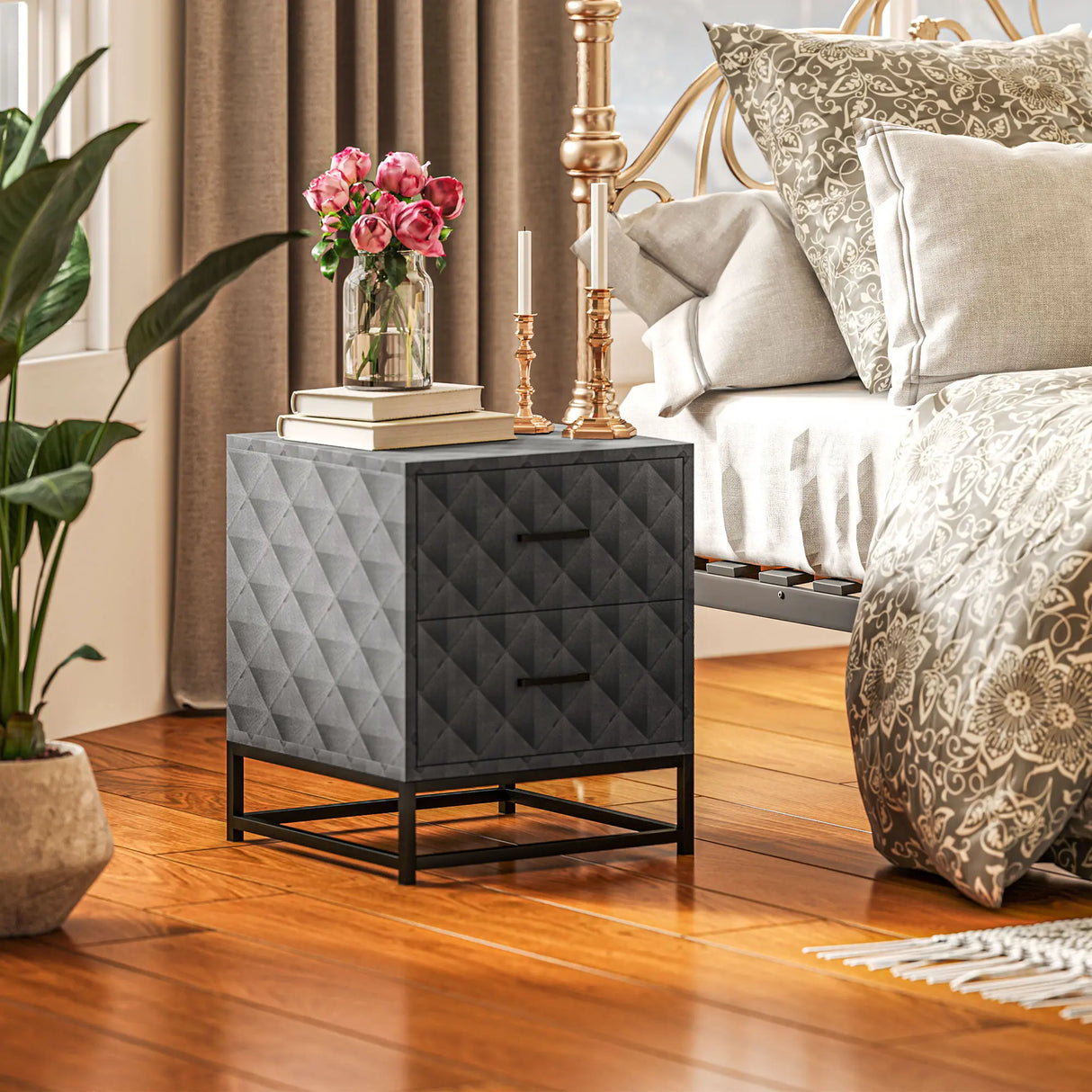 HOMCOM Bedside Tables Set of 2, Modern Bedside Table Nightstand with 2 Drawers, Bedside Cabinet Sofa Side Table with Storage, Steel Legs for Bedroom, Living Room, Grey