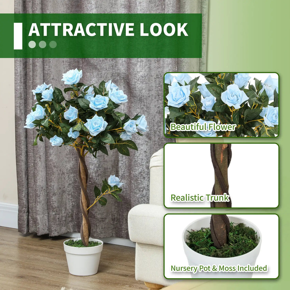 Outsunny Set of 2 Artificial Plants White Rose Floral in Pot, Fake Plants for Home Indoor Decor, 90cm, Light Blue