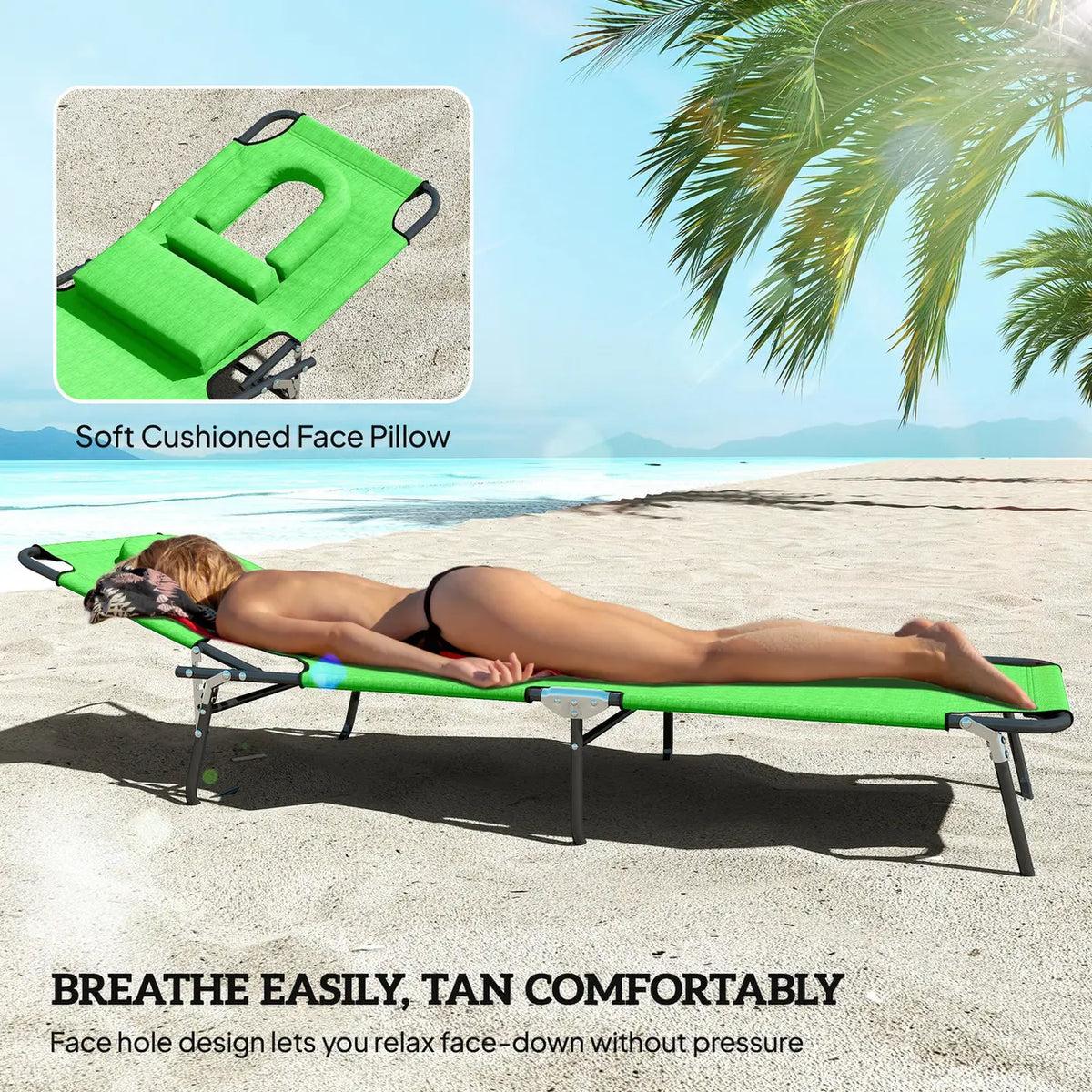 Outsunny Folding Sun Loungers Set of 2 with Face Hole, 4-Position Adjustable Backrest Garden Recliner Chairs Sunbeds, Outdoor Lounge Chairs with 600 D Oxford Cloth Seat, Pillow for Beach, Green