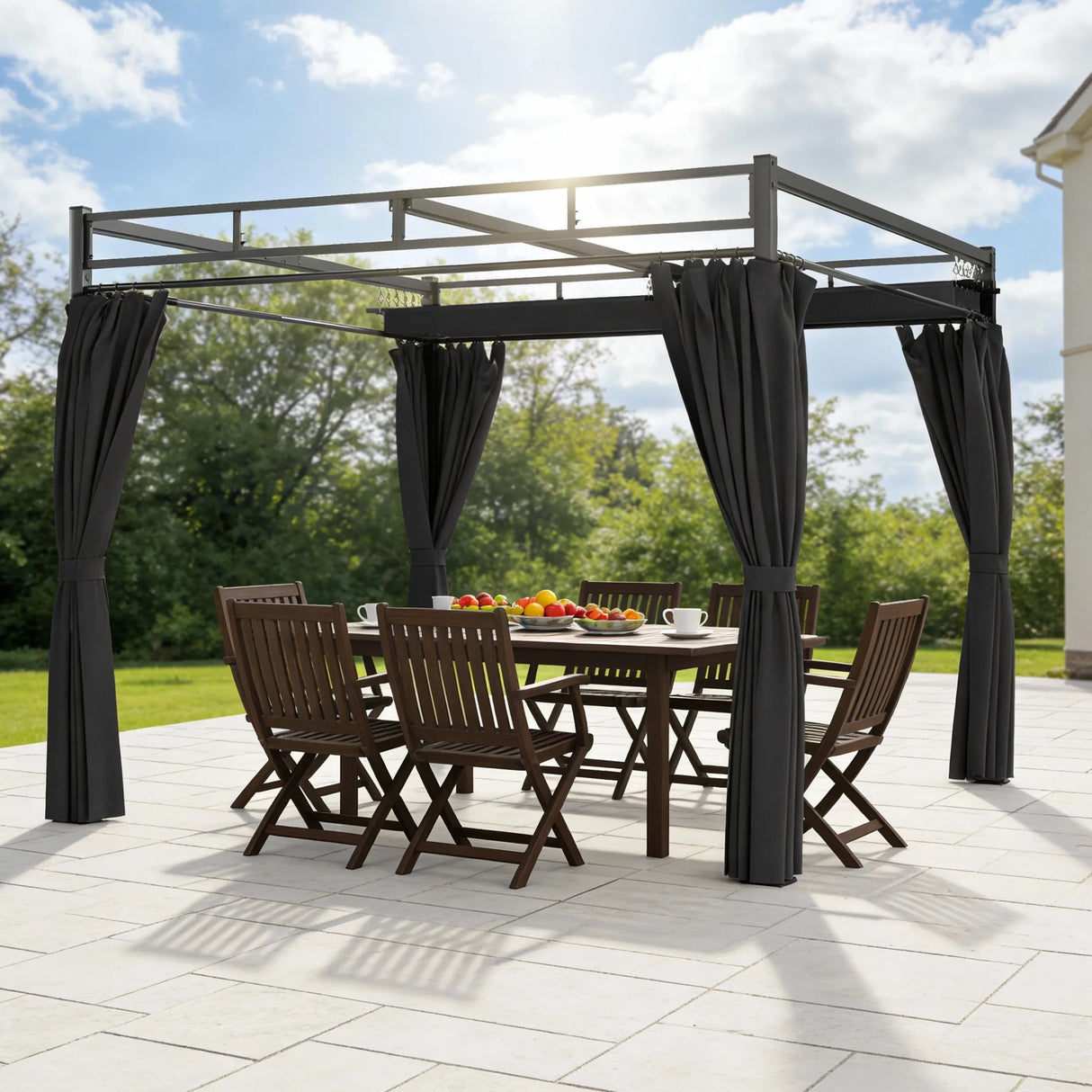 Outsunny 3 x 3 m Pergola with Retractable Roof Canopy and Curtains, UPF30+ Metal Frame Garden Pergola Gazebo Sun Shade, Dark Grey