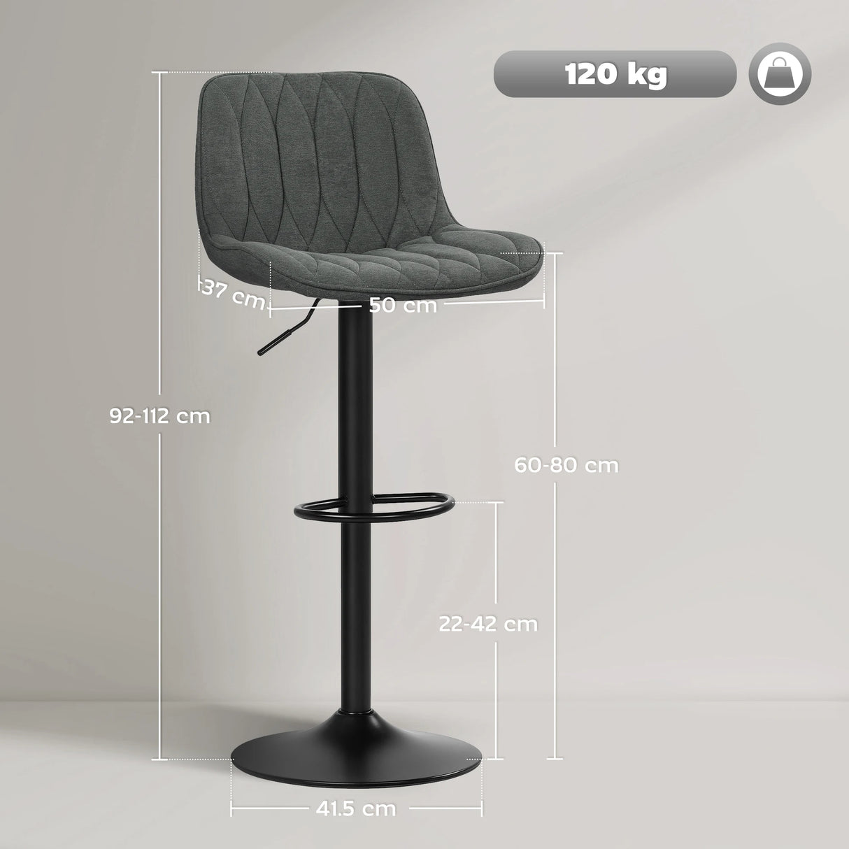 HOMCOM Set of Two Linen-Look Bar Stools - Charcoal Grey