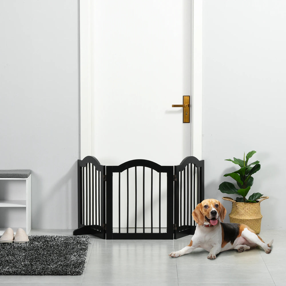 PawHut Freestanding Pet Gate Wooden Dog Gate with Support Feet Foldable Pet Fence Safety Barrier for the House Doorway Stairs Black