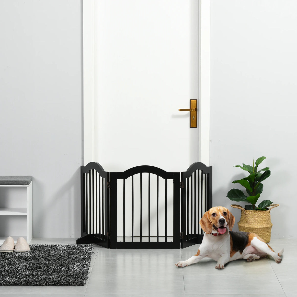 PawHut Freestanding Pet Gate Wooden Dog Gate with Support Feet Foldable Pet Fence Safety Barrier for the House Doorway Stairs Black