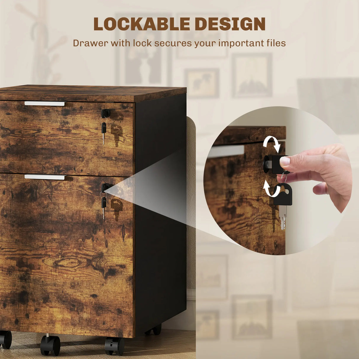 HOMCOM Two-Drawer Lockable Filing Cabinet - Black and Rustic Brown