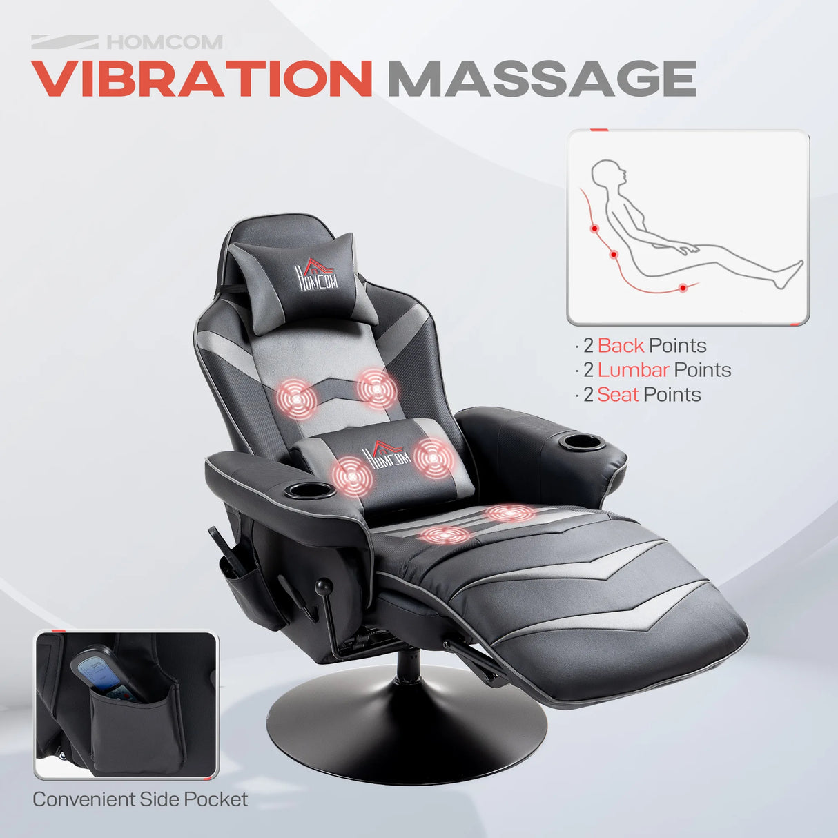 HOMCOM Small Leather Massage Recliner Chair with Ergonomic High Back Retractable Footrest Headrest Work Break Grey