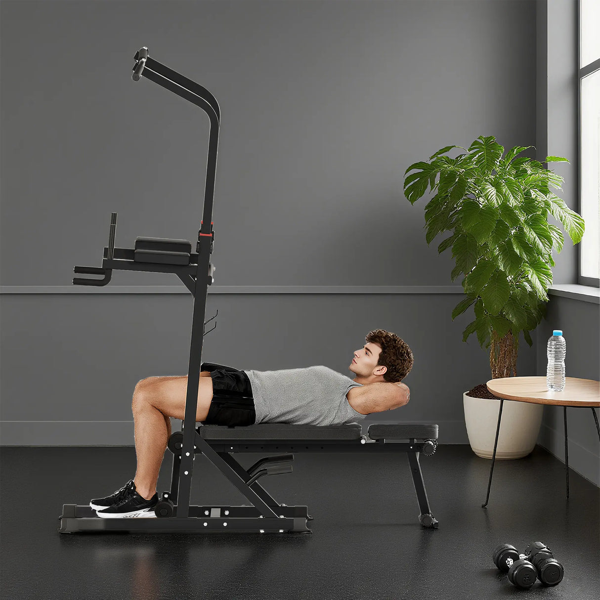 HOMCOM Pull Up Station with Adjustable Weight Bench, Dip Station and Barbell Rack, Multi-Function Power Tower Free Standing Pull Up Bar for Home Gym