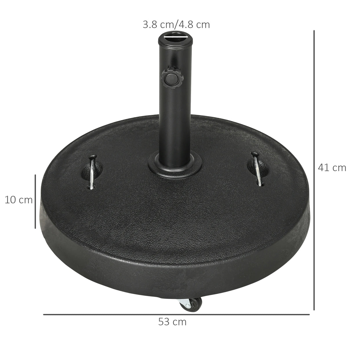 Outsunny 23.5kg Resin Garden Parasol Base with Wheels and Retractable Handles, Round Outdoor Market Umbrella Stand Weight for Poles of 38mm to 48mm, Black