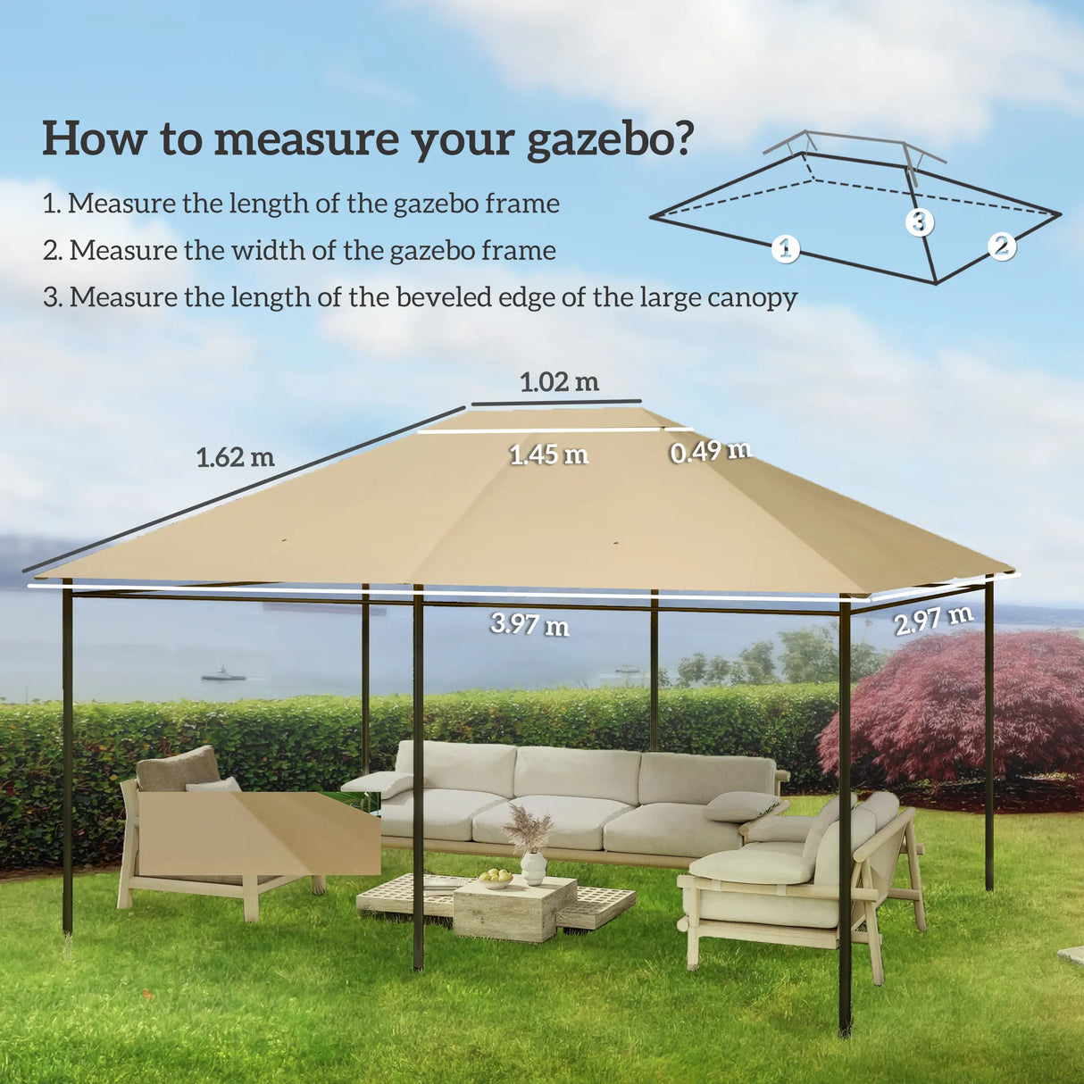 Outsunny 3 x 4m Gazebo Canopy Replacement Cover, Gazebo Roof Replacement (TOP COVER ONLY), Khaki