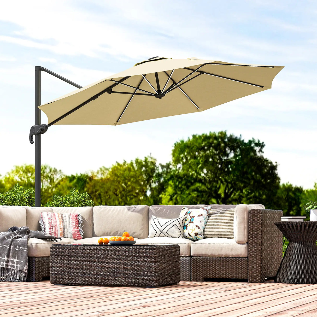 Outsunny 3(m) Adjustable Cantilever Parasol with Base, Solar LED Lights, Khaki