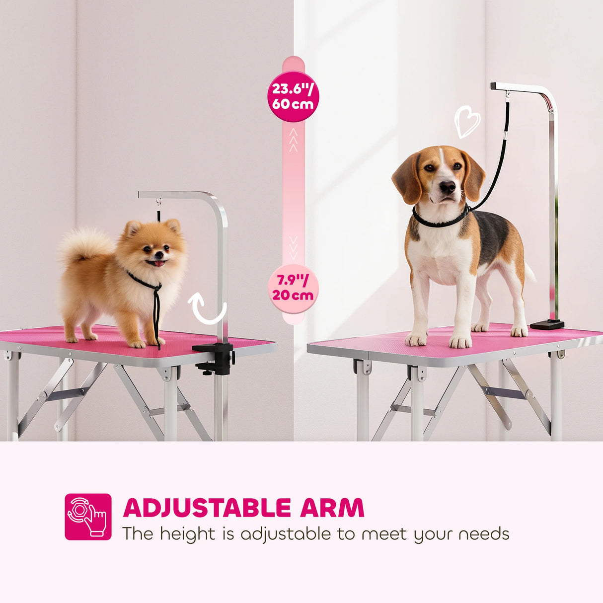 PawHut 32" Foldable Dog Grooming Table Pet Drying Beauty Table Adjustable Fixed Arm Rubber Top, Pink