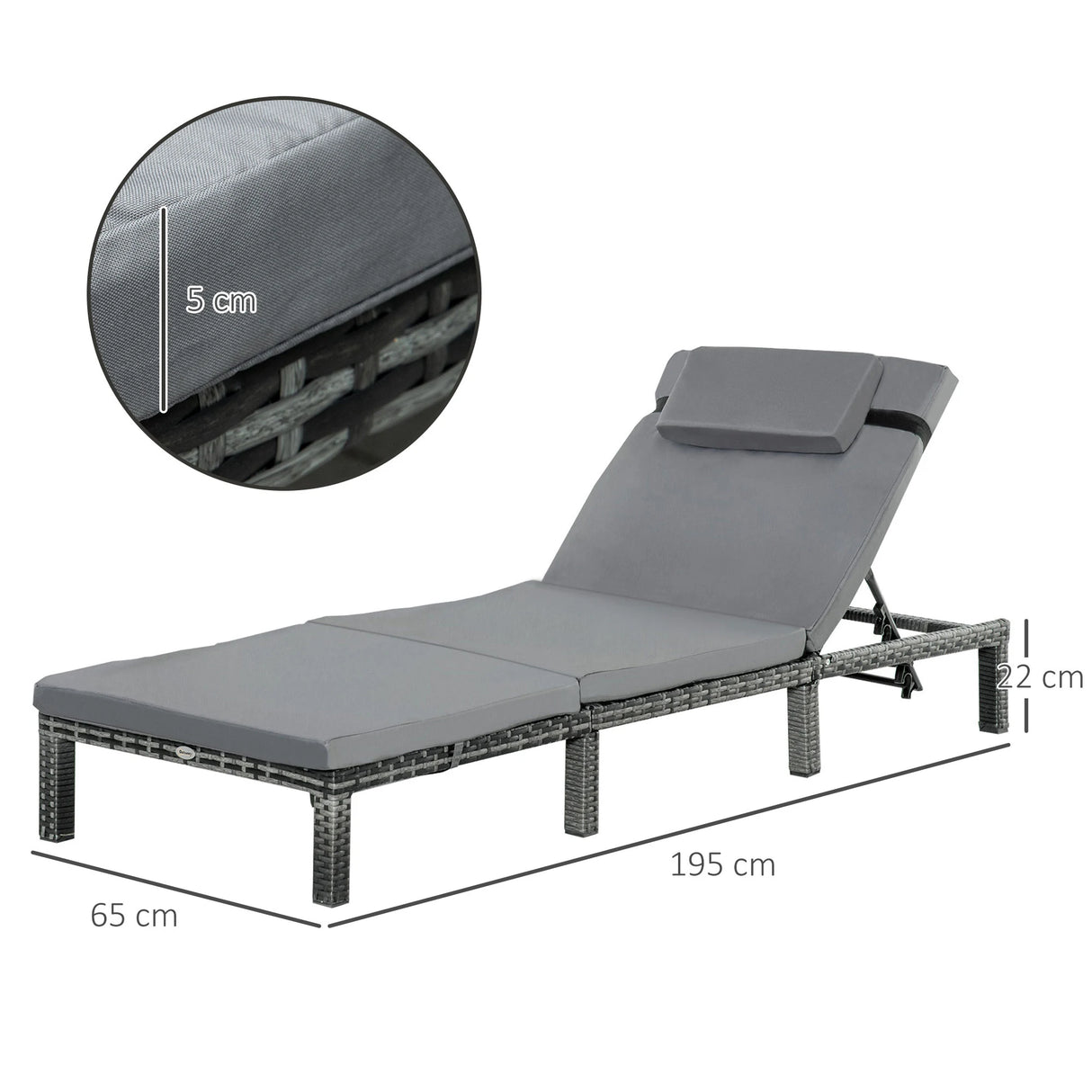 Outsunny 2 Pieces Outdoor PE Rattan Sun Loungers set of 2 with Cushion, Garden Wicker Sunbed Furniture with 5 - Level Recliner Backrest, Grey