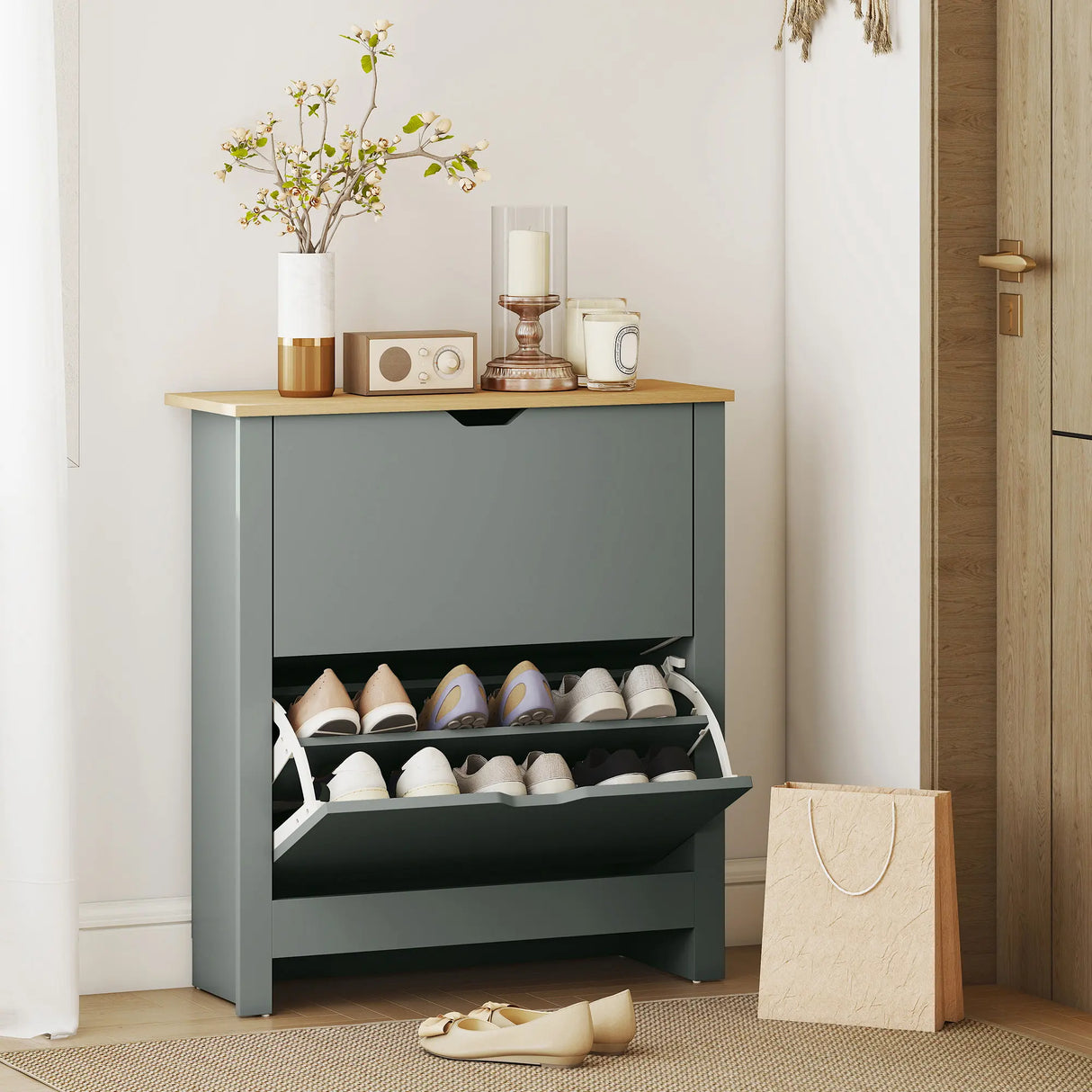 HOMCOM Slim Shoe Cabinet, Narrow Shoe Cupboard with 2 Flip Drawers, Adjustable Shelves for 12 Pairs of Shoes, Light Grey