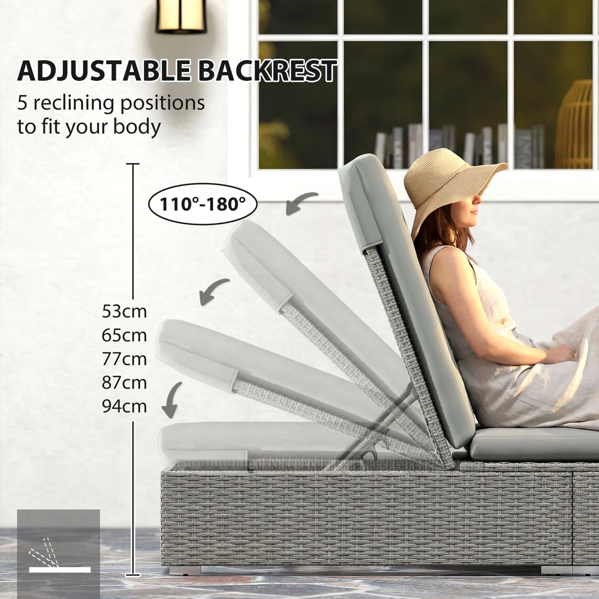 Outsunny Rattan Sun Lounger, Five-Position Reclining Garden Lounger Bed with Cushion, Light Grey