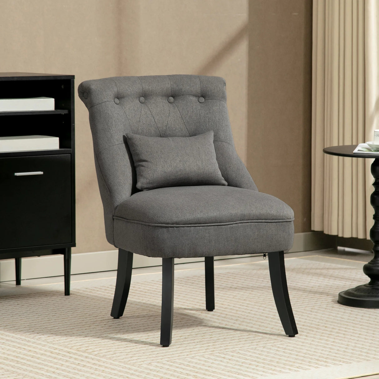 HOMCOM Fabric Single Sofa Dining Chair Tub Chair Upholstered W/ Pillow Solid Wood Leg Home Living Room Furniture Charcoal Grey