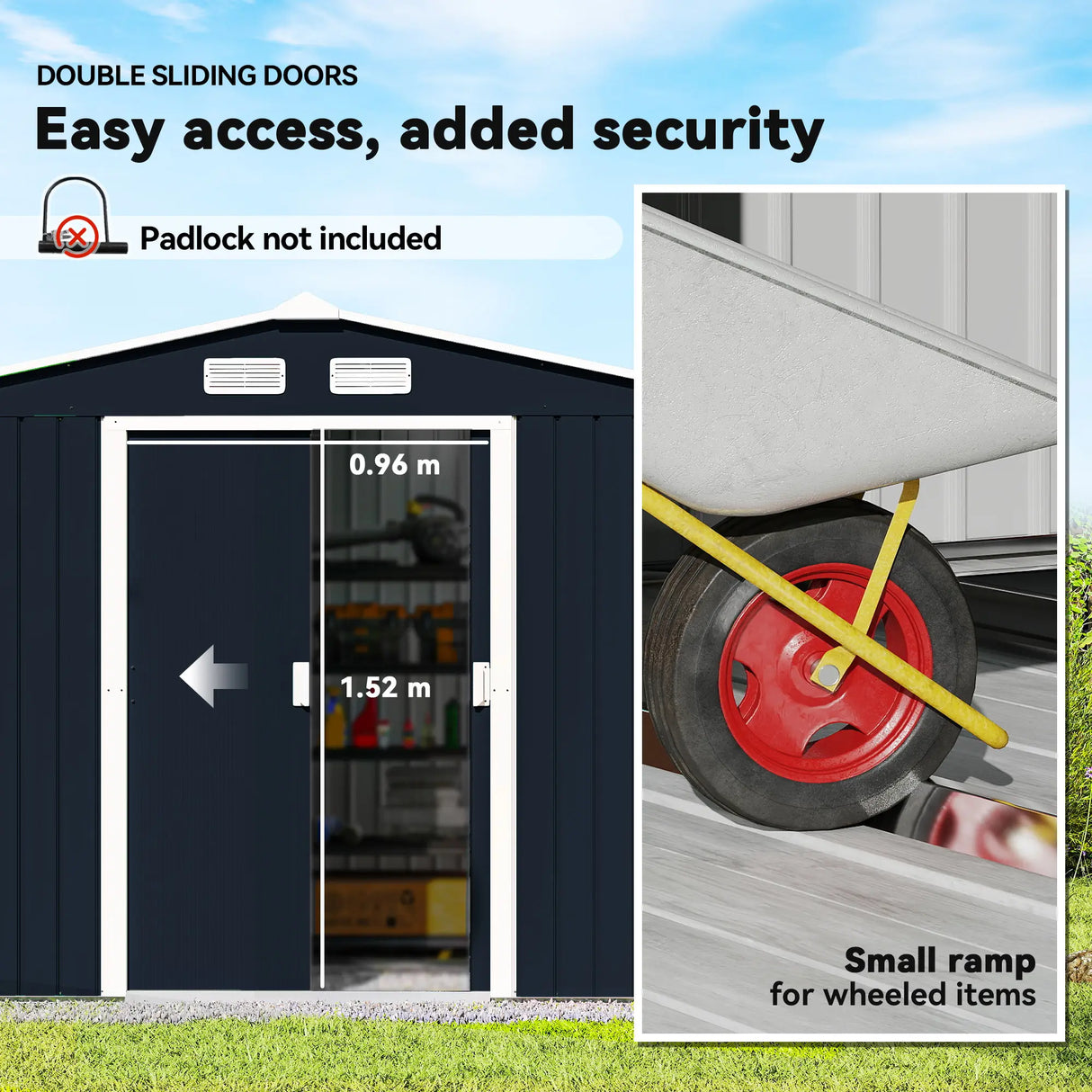 Outsunny 9 x 6ft Metal Bicycle Shed, Outdoor Storage Tool House with Ventilation Slots, Foundation Kit and Lockable Double Doors, Dark Grey