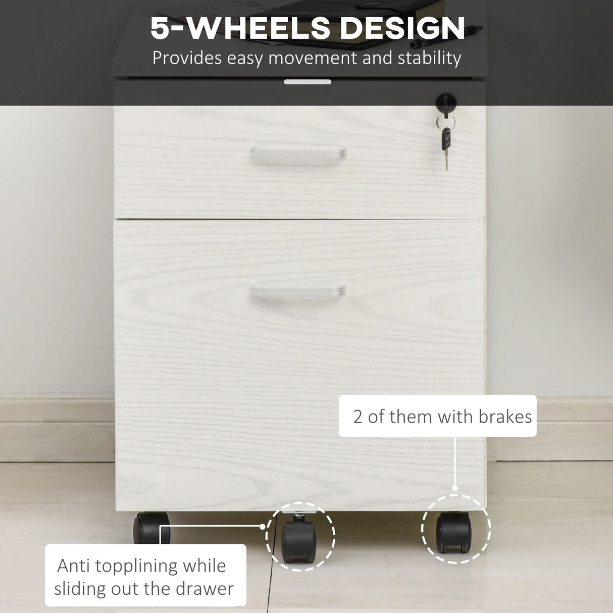 Vinsetto 2-Drawer Locking Office Filing Cabinet w/ 5 Wheels Rolling Storage Hanging A4 Cupboard Home Organisation White Wood Grain