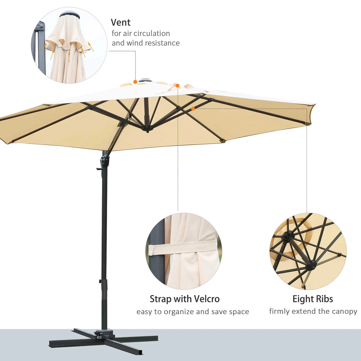 Outsunny Round Umbrella Parasol W/ Tilt 360 Rotation and Hand Crank Cross Base-Beige