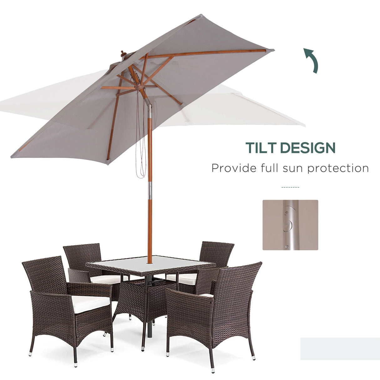 Outsunny 2m Tilting Wooden Pole Parasol - Grey