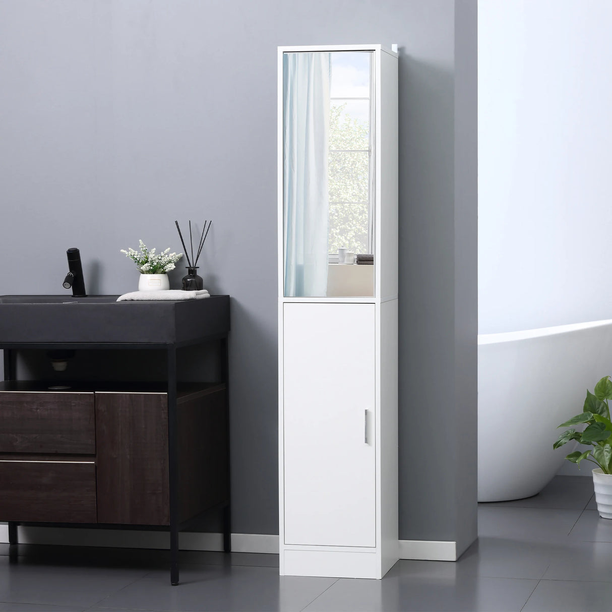 kleankin Tall Bathroom Cabinet with Mirror and Adjustable Shelf - White