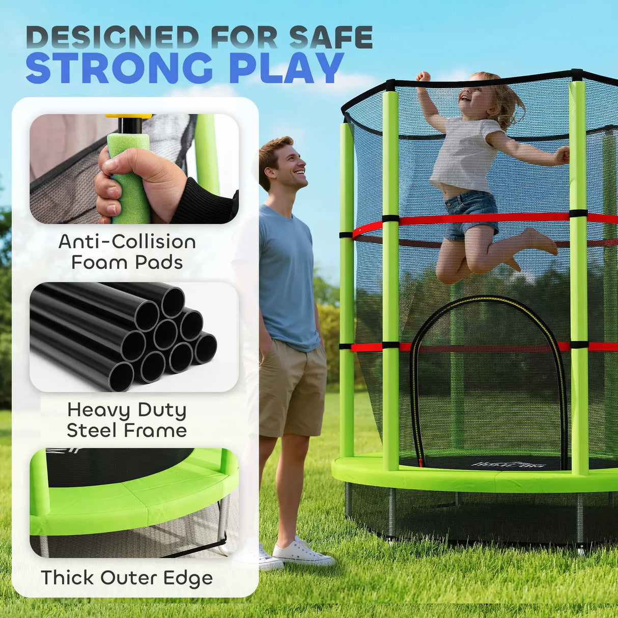 HOMCOM Kids Trampoline, with Enclosure Net, Steel Frame, for Ages 3-6 Years - Green