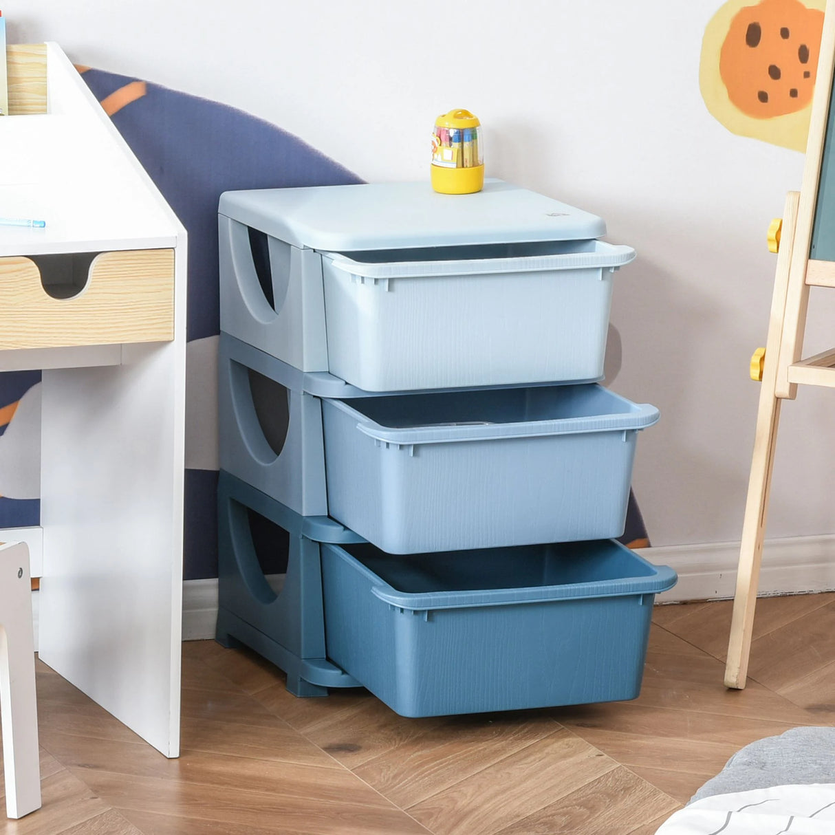 HOMCOM 3 Drawers Plastic Storage Units, 3 Tier Kids Storage Units, Children Toy Chest for Nursery, Playroom, Bedroom, Blue
