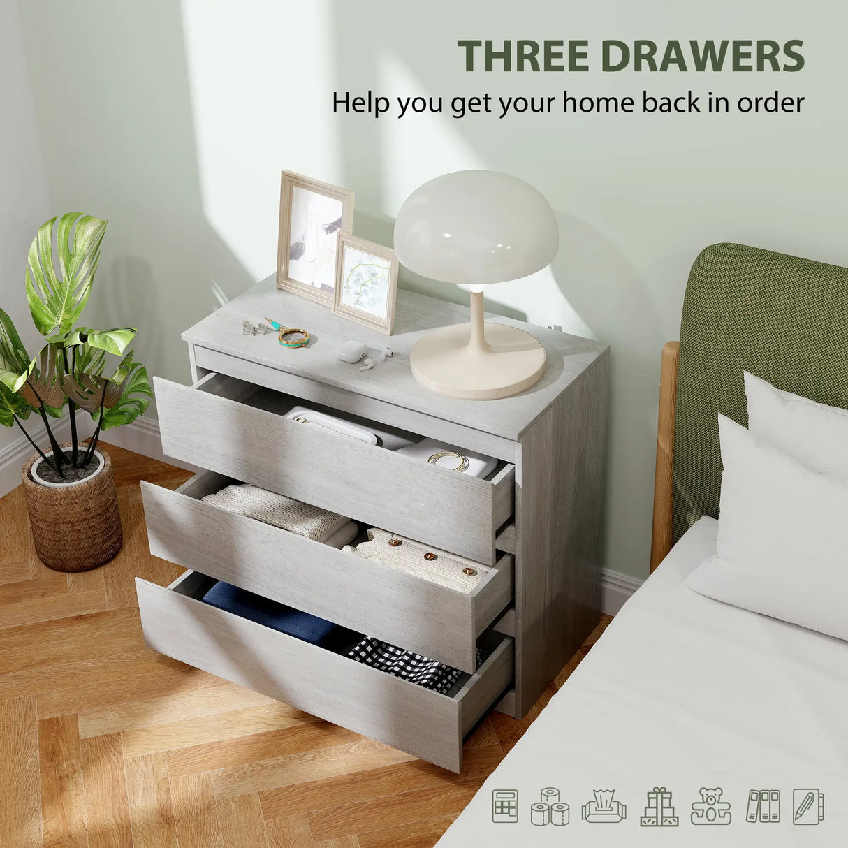 HOMCOM Chest of Three Drawers - Grey Wood Effect