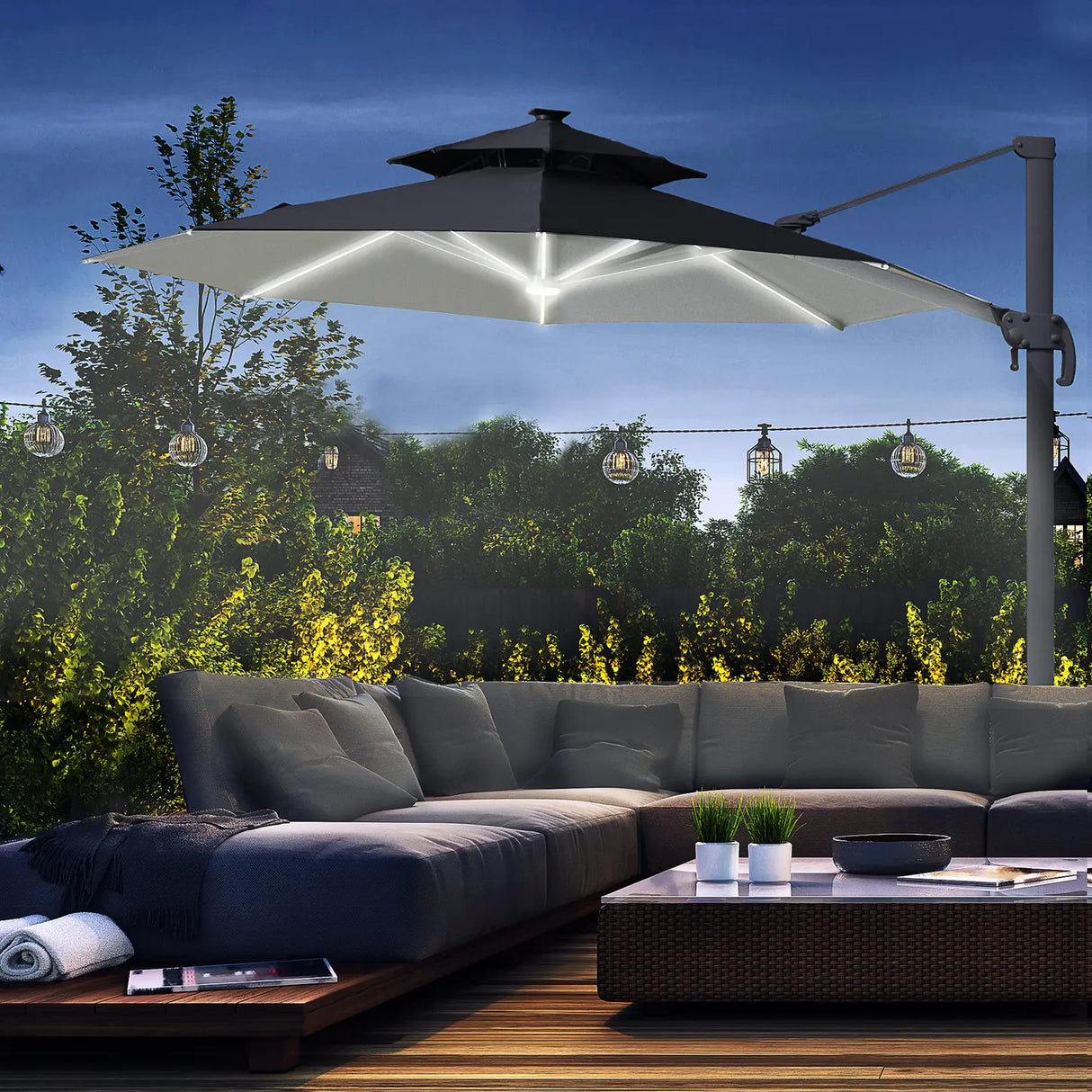 Outsunny 3m Cantilever Parasol w/ Solar Lights Power Bank Base 360 Spin Dark Grey