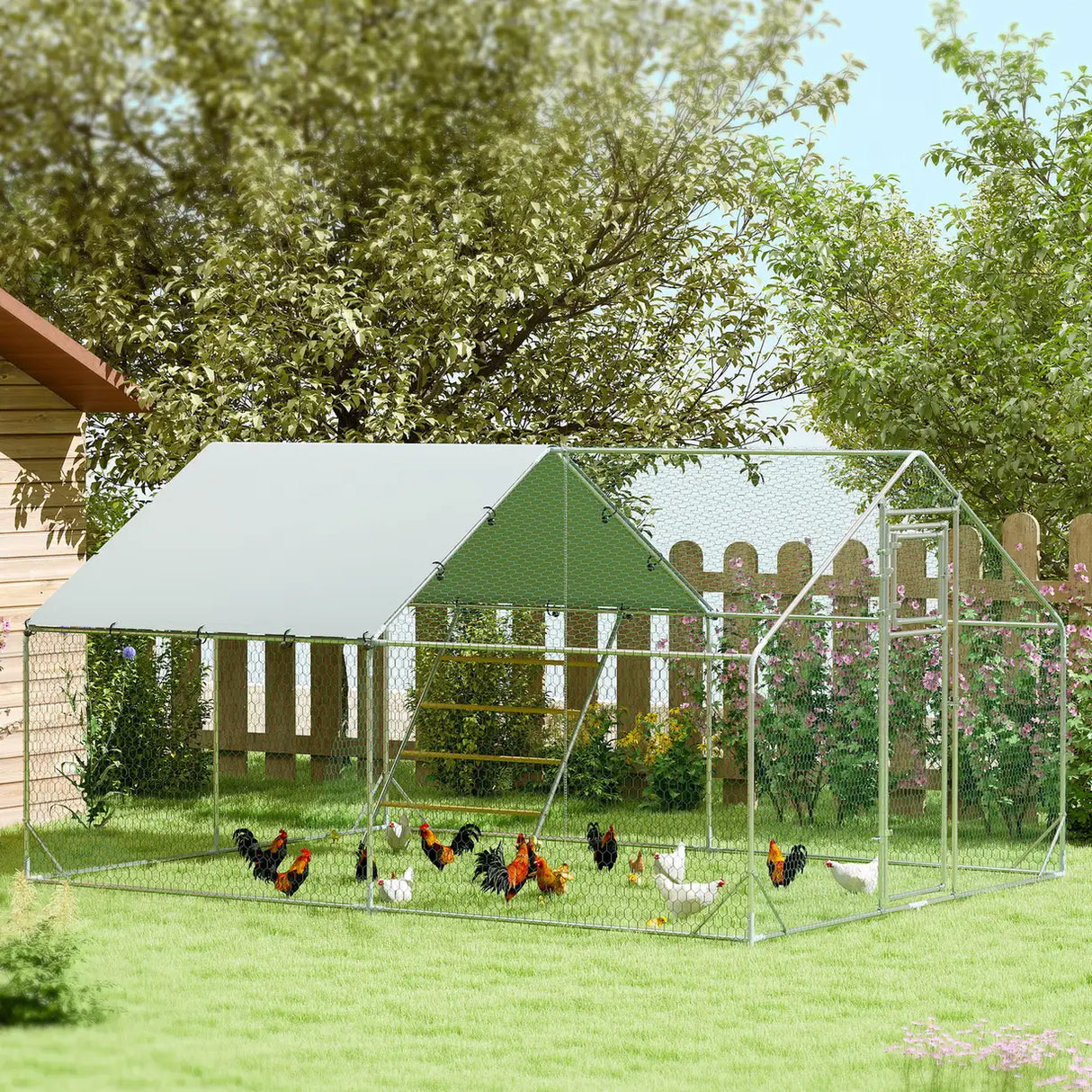 PawHut Walk-in Chicken Run w/ Cover, Feeding Door, Hanging Feeder, Perch, for 12-18 Poultry