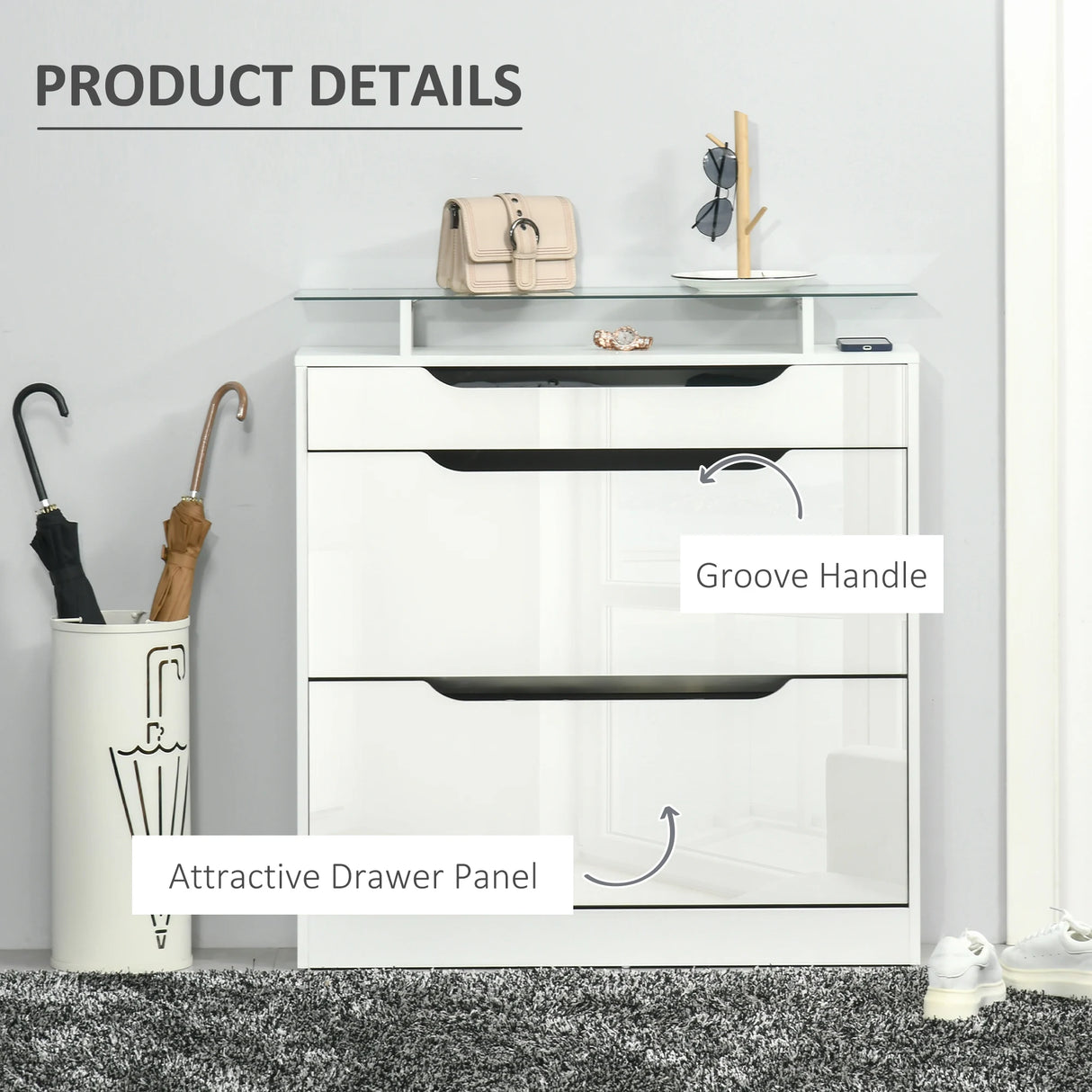 HOMCOM Shoe Storage Cabinet with Slide Out Drawer, 2 Flip Doors, Tempered Glass Top - White