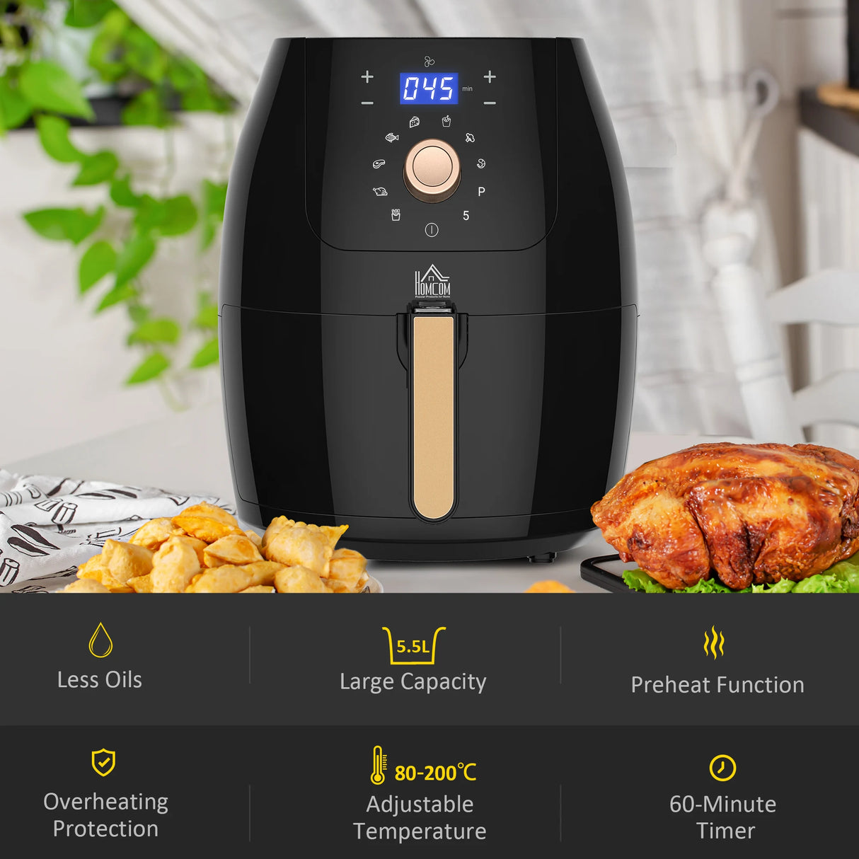 HOMCOM 5.5L 1700W Air Fryer, with Digital Display, 80-200 Temperature