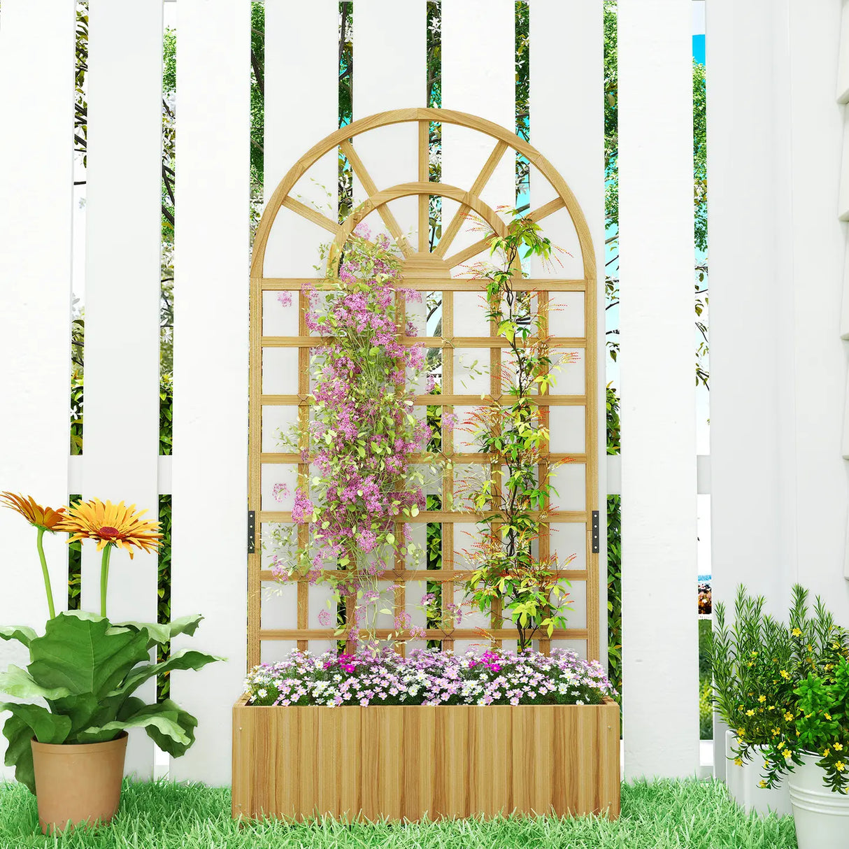 Outsunny Wooden Raised Planter with Trellis, Raised Bed for Garden with Lattice and Drainage Holes for Climbing Plants