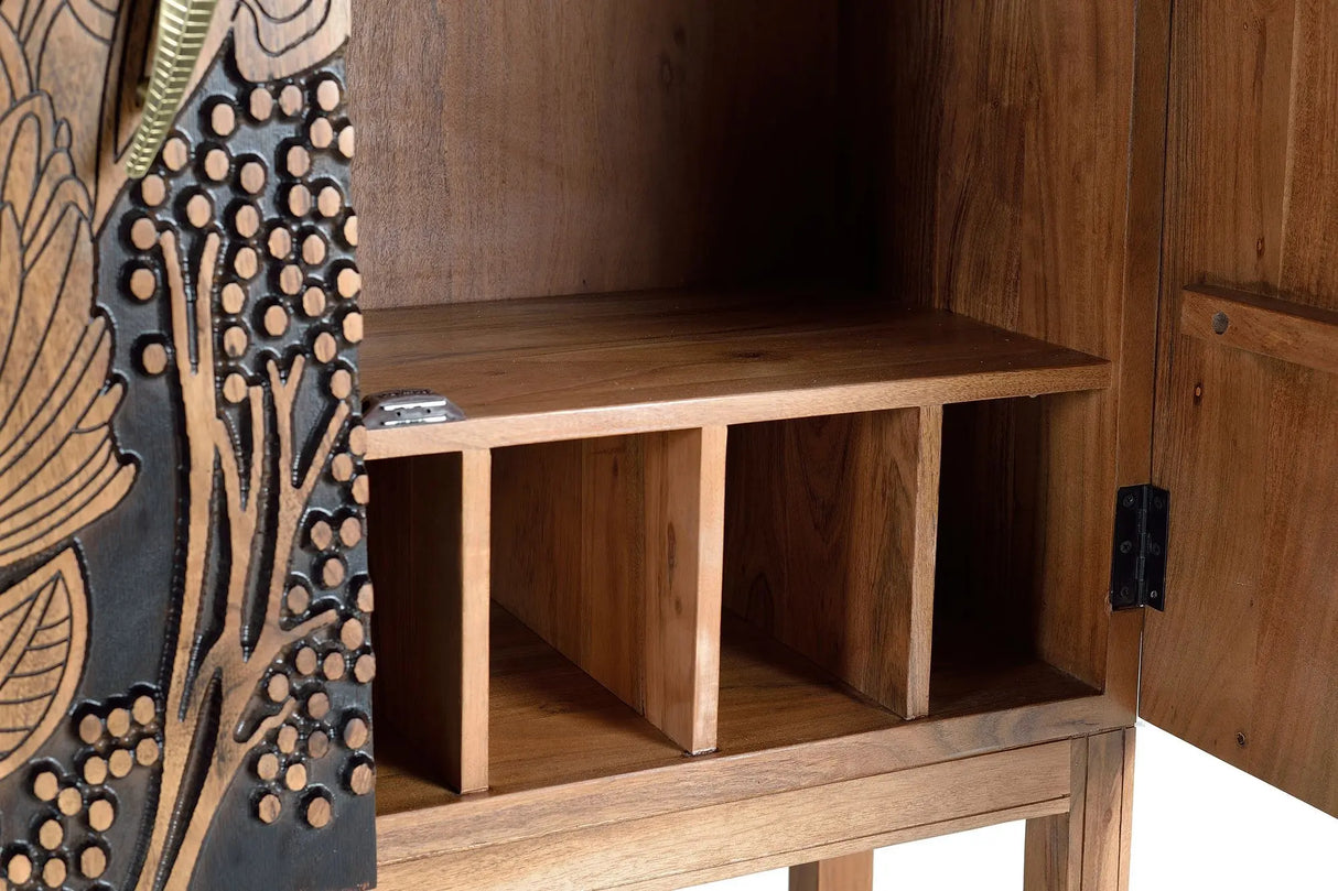 Giner and Colomer - Acacia Wood Wine Rack Cabinet With Hand-Carved Doors