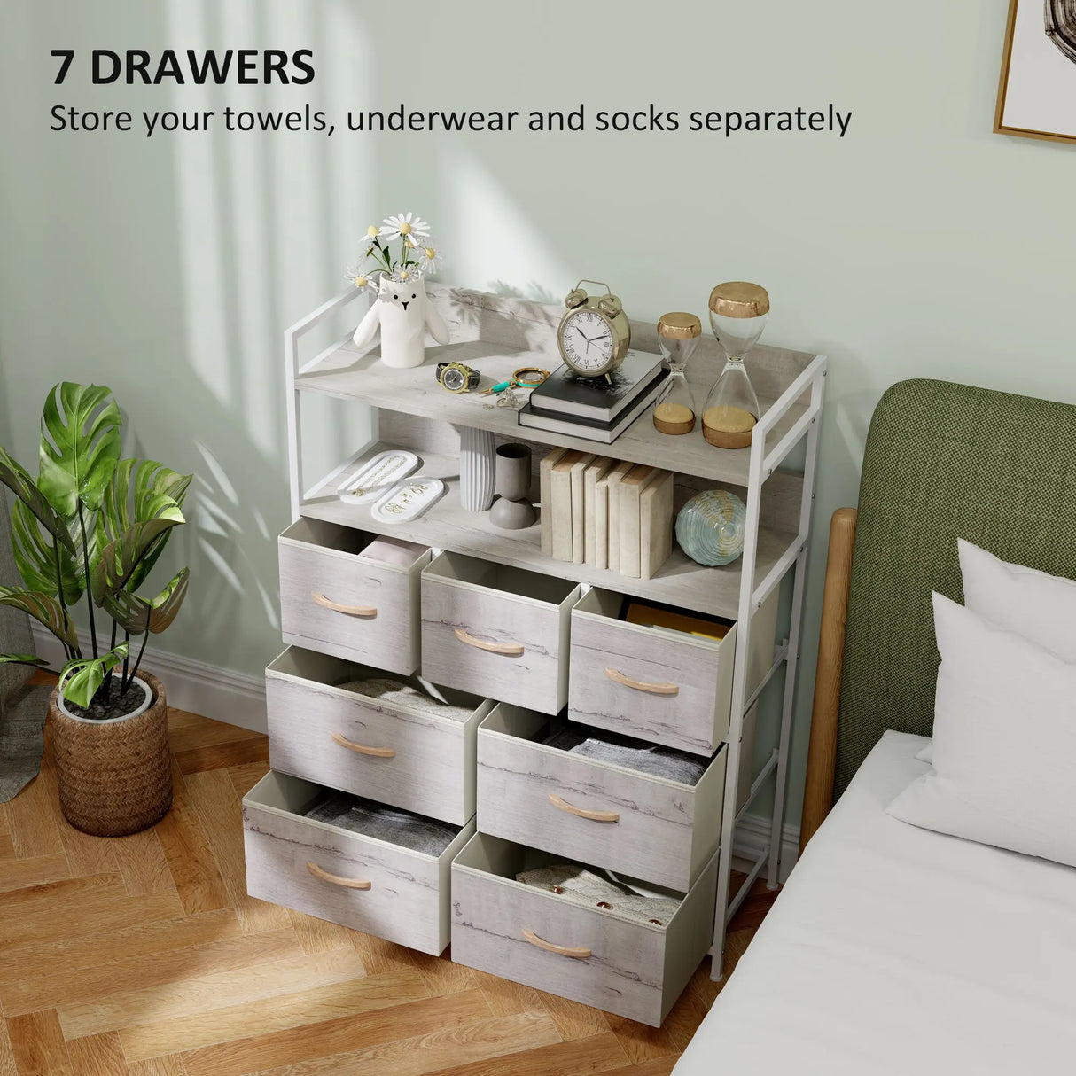 HOMCOM Rustic Chest of Seven Fabric Drawers - Natural Wood Finish