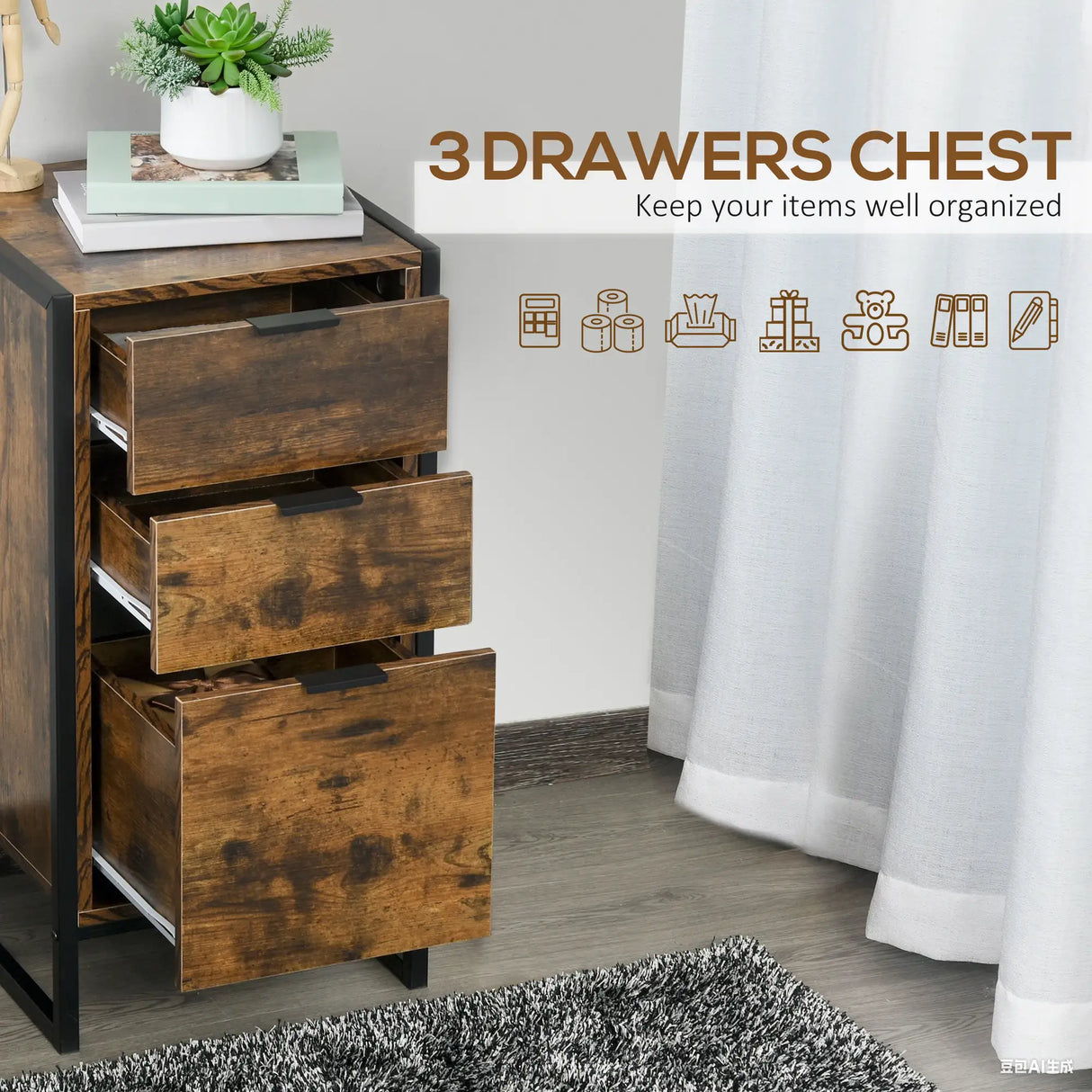 HOMCOM Bedroom Chest of Drawers, Industrial 3-Drawer Dresser, Storage Drawers Unit with Metal Frame for Living Room, Rustic Brown