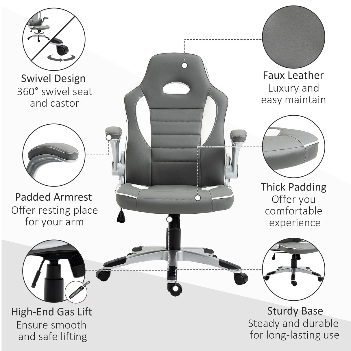 Vinsetto Computer Gaming Chair, Office Desk Swivel Chair, PU Leather Racing Chair with 90 Flip-up Armrest, Adjustable Height and Rolling Wheels, Grey