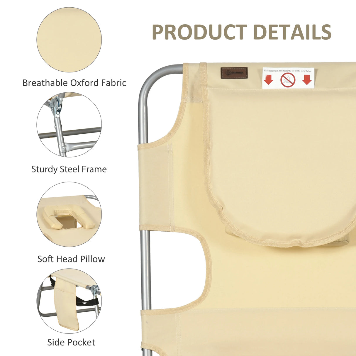 Outsunny Foldable Sun Lounger, Beach Chaise Lounge with Reading Hole, Arm Slots, 5-Position Adjustable Backrest, Side Pocket, Pillow for Garden, Beach, Pool, Beige